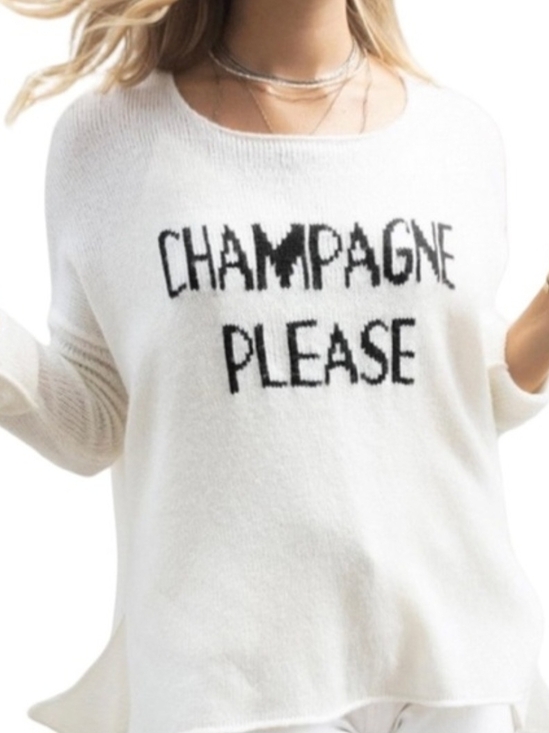 Miracle Sweaters - Miracle White Crewneck Sweater with Black 'CHAMPAGNE PLEASE' Text
